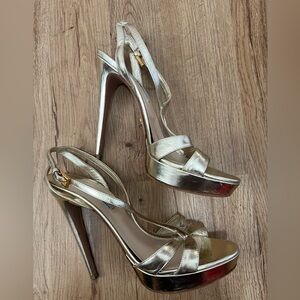 Prada Milano Gold Metallic Platform Heels Size 39 | Strappy Slingback Stilettos